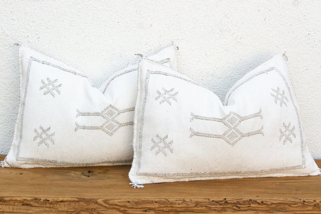 Pair of Frost Whtie Lumbar Moroccan Silk Pillows