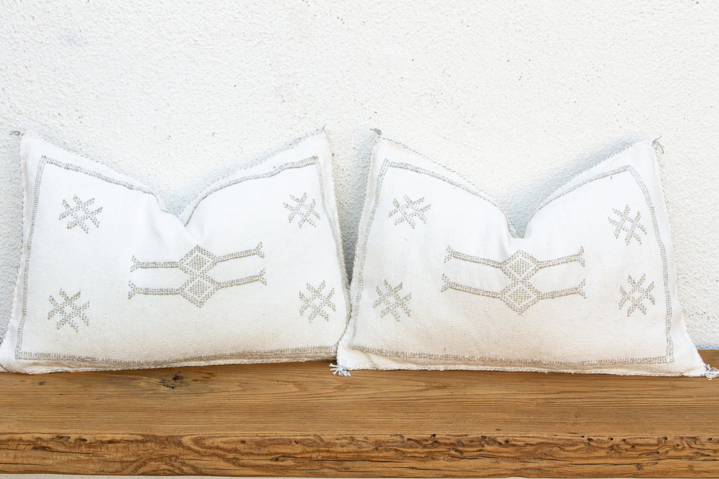 Pair of Frost Whtie Lumbar Moroccan Silk Pillows