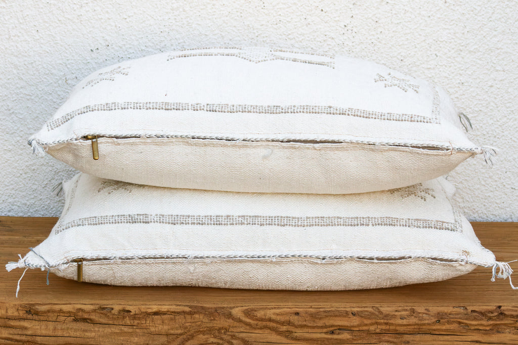 Pair of Frost Whtie Lumbar Moroccan Silk Pillows