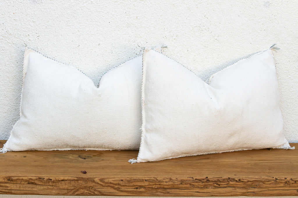 Pair of Frost Whtie Lumbar Moroccan Silk Pillows