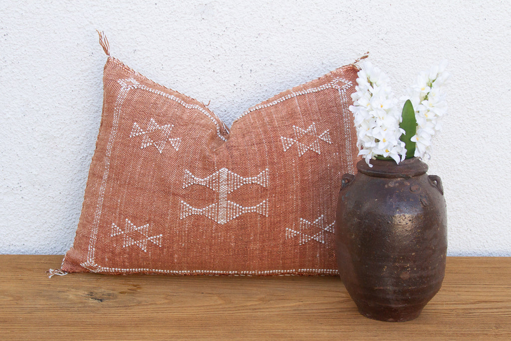 Terracotta Diamond Lumbar Moroccan Silk Pillow (Trade)