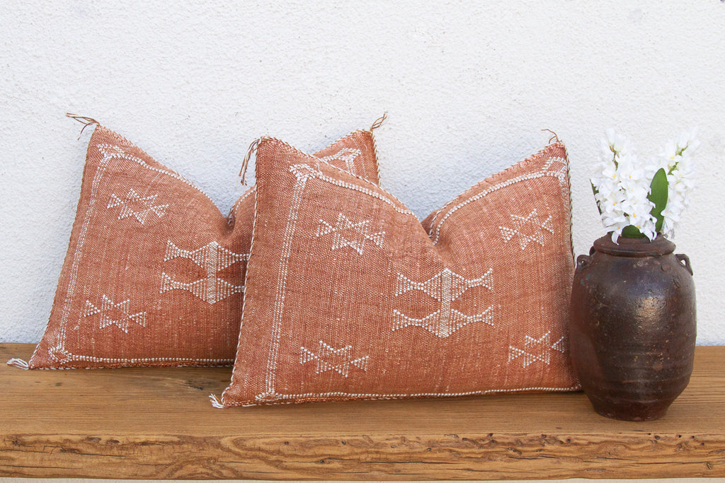 Pair of Terracotta Medallion Lumbar Moroccan Silk Pillows