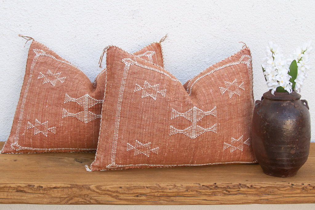 Pair of Terracotta Medallion Lumbar Moroccan Silk Pillows