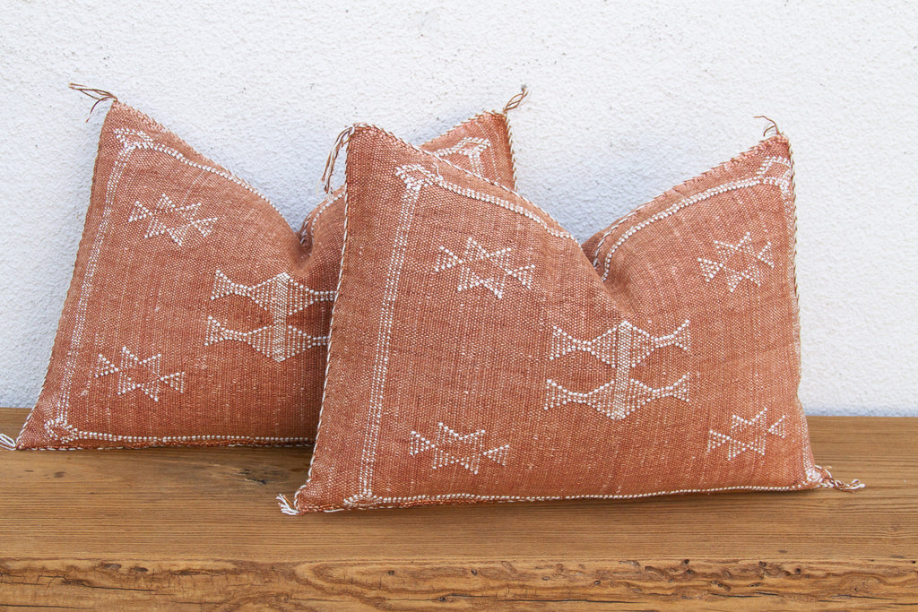 Pair of Terracotta Medallion Lumbar Moroccan Silk Pillows