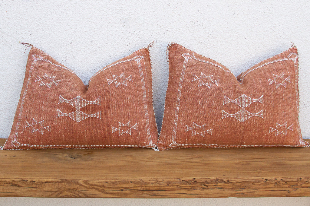 Pair of Terracotta Medallion Lumbar Moroccan Silk Pillows