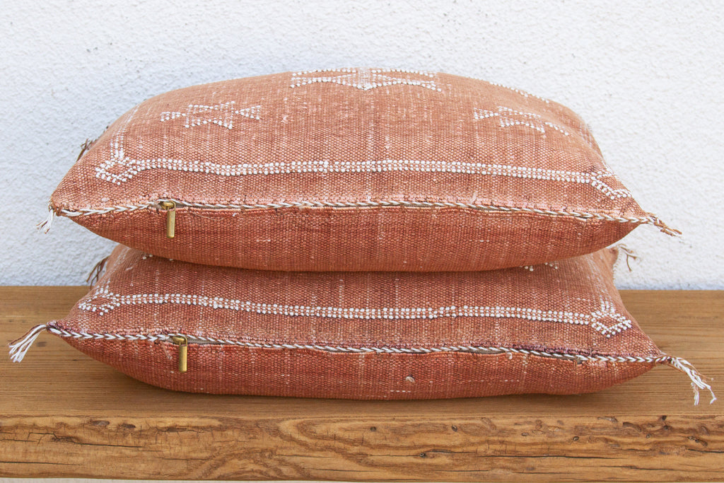 Pair of Terracotta Medallion Lumbar Moroccan Silk Pillows