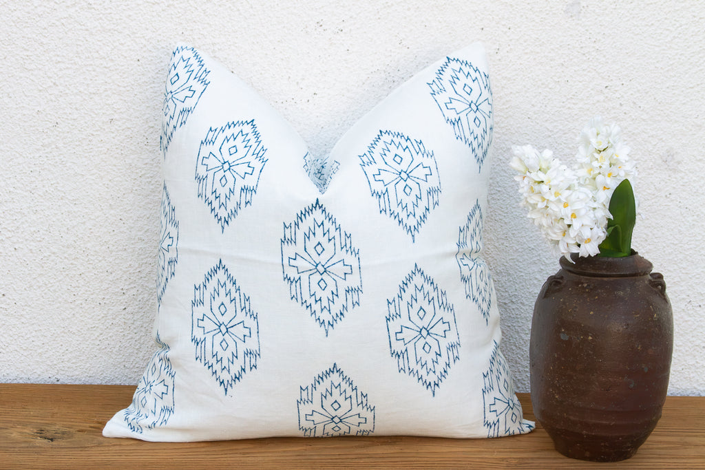 White & Blue Jaipur Blockprint Linen Pillow Cover