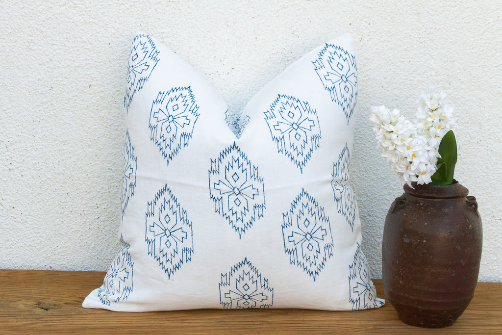 White & Blue Jaipur Blockprint Linen Pillow Cover