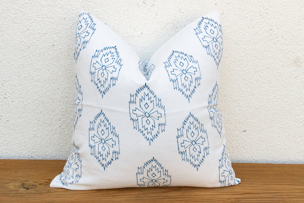 White & Blue Jaipur Blockprint Linen Pillow Cover