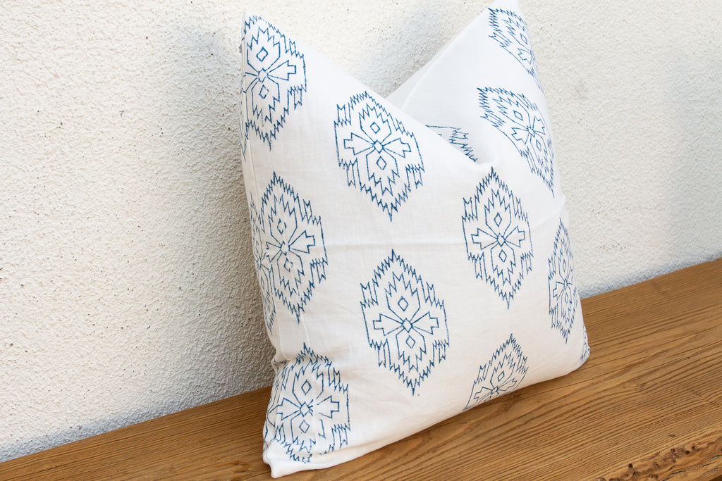 White & Blue Jaipur Blockprint Linen Pillow Cover