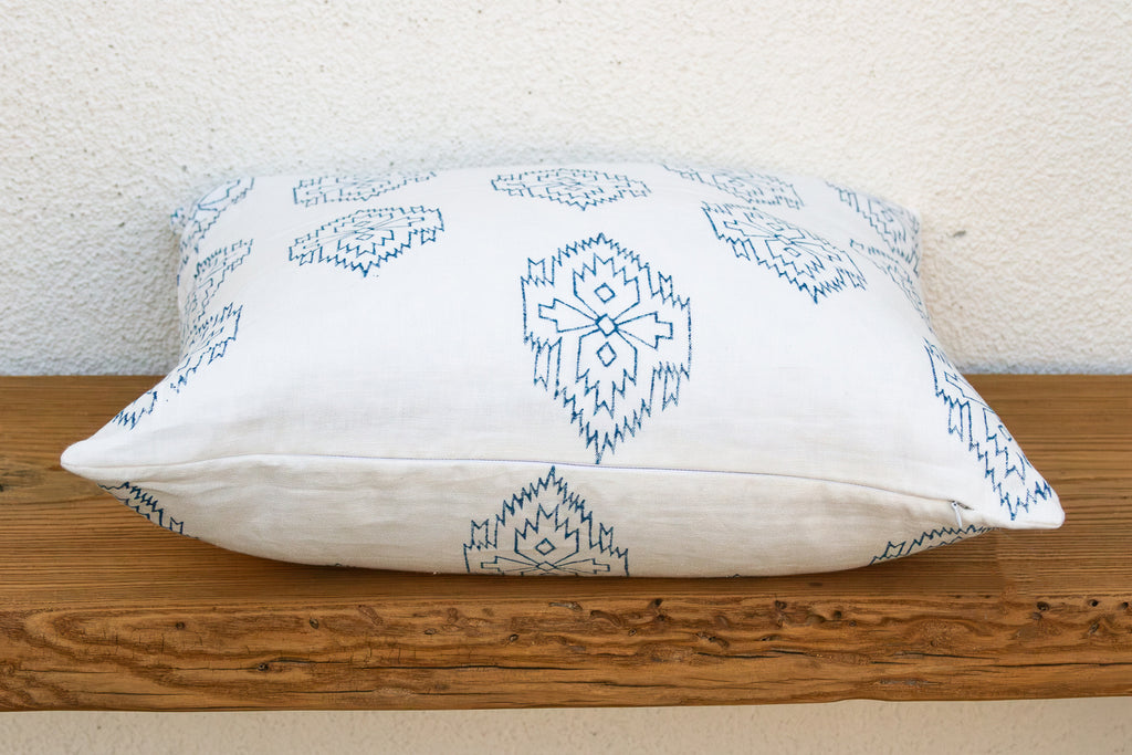 White & Blue Jaipur Blockprint Linen Pillow Cover