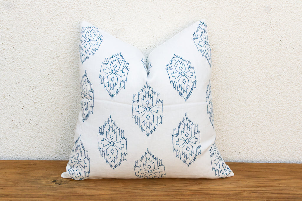 White & Blue Jaipur Blockprint Linen Pillow Cover