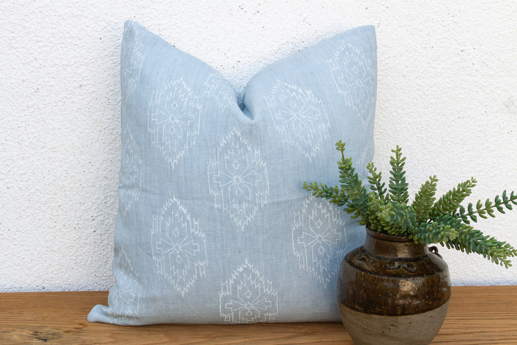 Powder Blue Jaipur Blockprint Linen Pillow Cover (Trade)