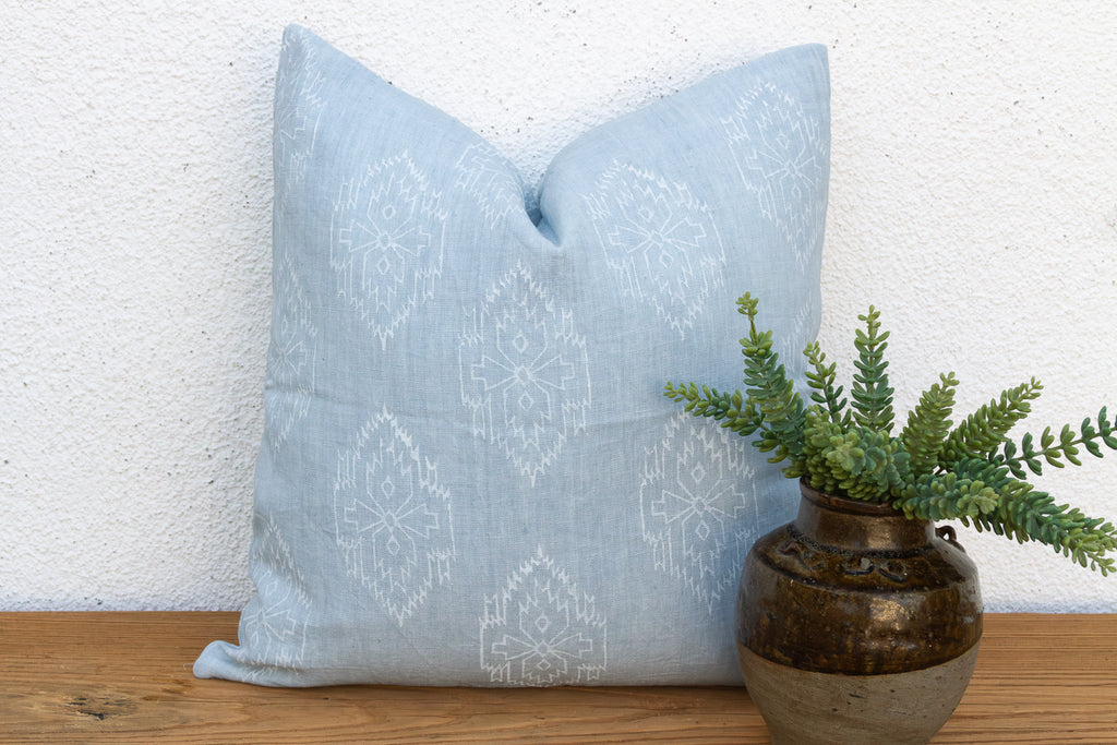 Powder Blue Jaipur Blockprint Linen Pillow Cover (Trade)