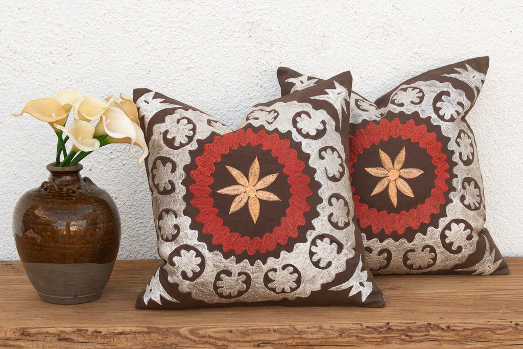 Pair of Embroidered Palmette Suzani Pillow Covers