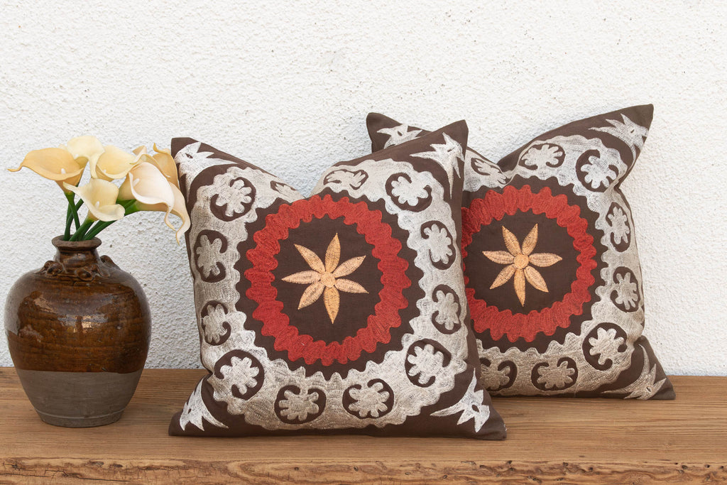 Pair of Embroidered Palmette Suzani Pillow Covers