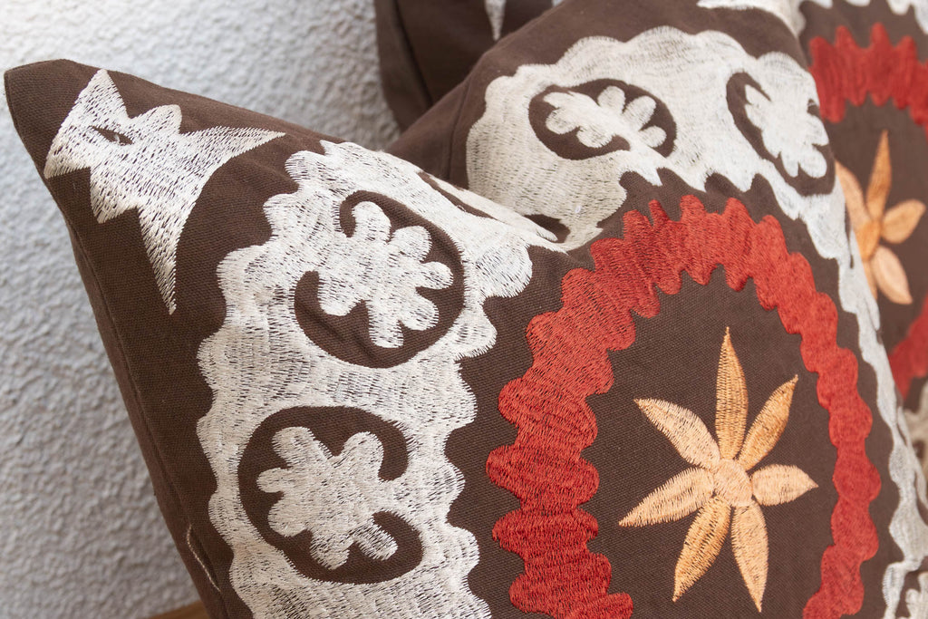 Pair of Embroidered Palmette Suzani Pillow Covers