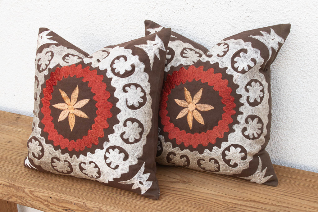 Pair of Embroidered Palmette Suzani Pillow Covers