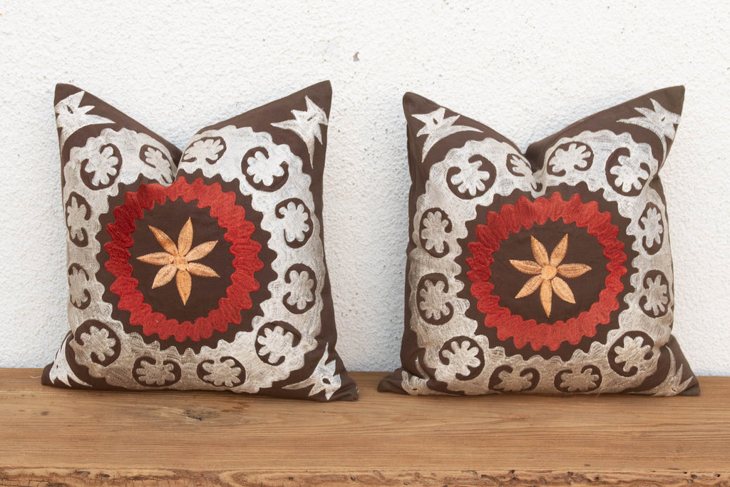 Pair of Embroidered Palmette Suzani Pillow Covers