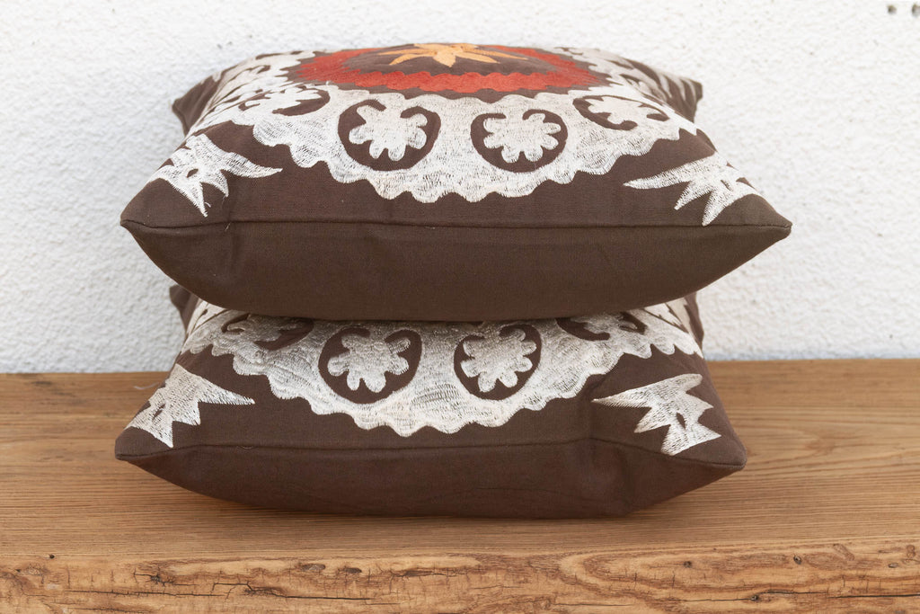 Pair of Embroidered Palmette Suzani Pillow Covers