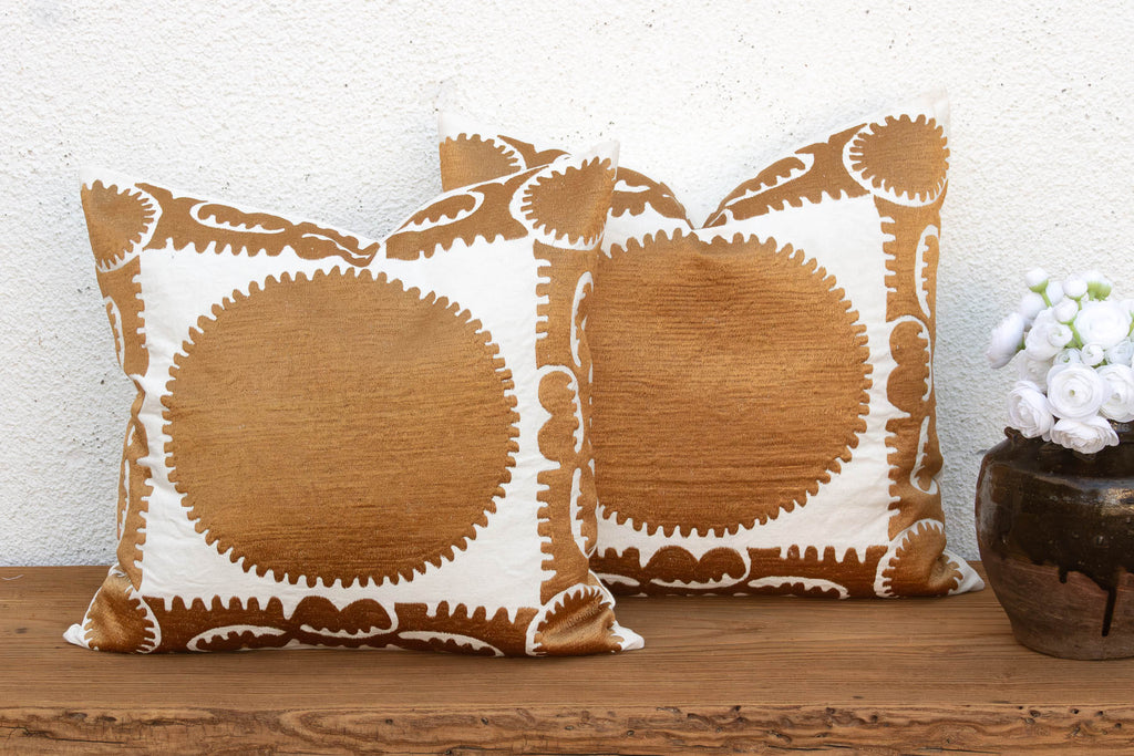 Pair of Gold & White Medallion Suzani Pillow Covers