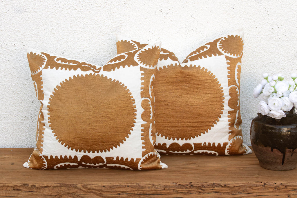 Pair of Gold & White Medallion Suzani Pillow Covers