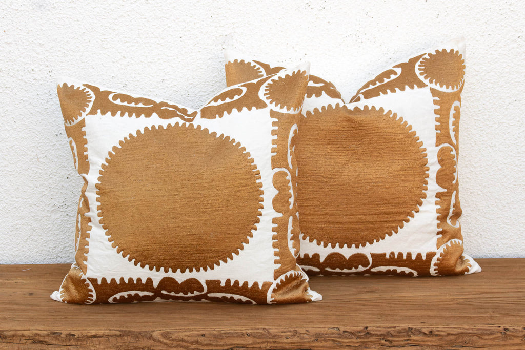 Pair of Gold & White Medallion Suzani Pillow Covers