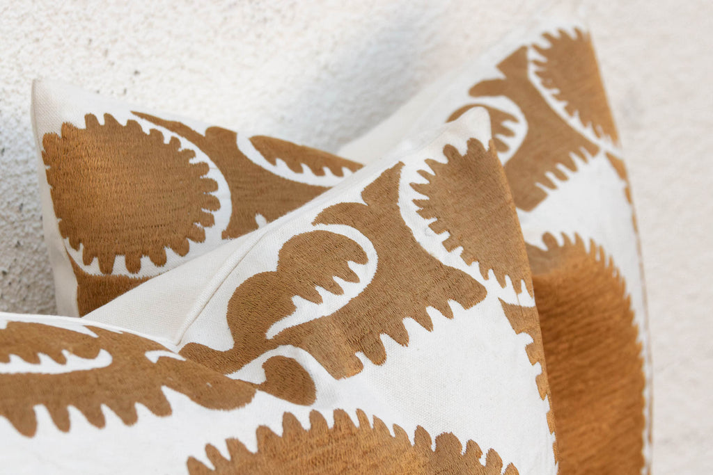 Pair of Gold & White Medallion Suzani Pillow Covers