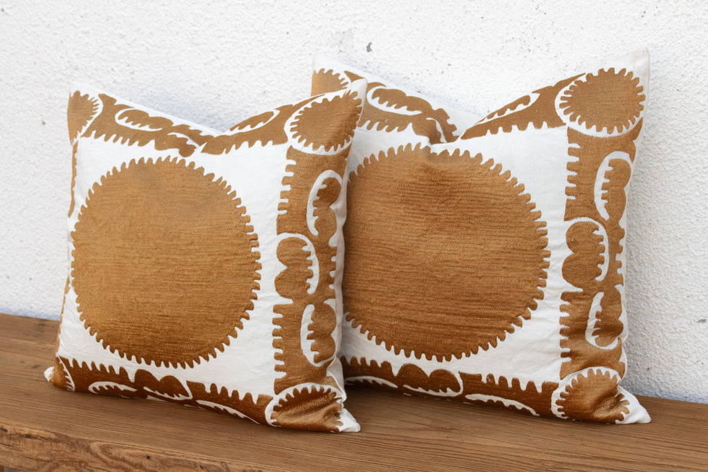 Pair of Gold & White Medallion Suzani Pillow Covers
