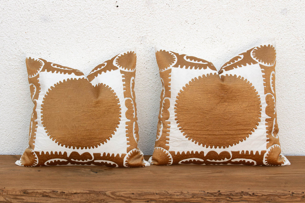 Pair of Gold & White Medallion Suzani Pillow Covers
