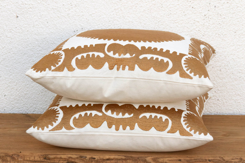 Pair of Gold & White Medallion Suzani Pillow Covers