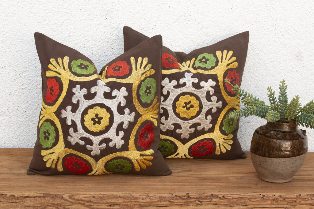 Radiating Floral Suzani Pillow Covers, Pair