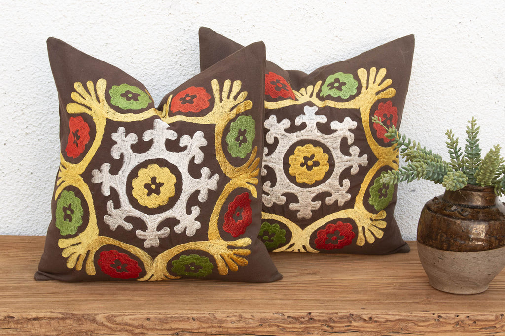 Radiating Floral Suzani Pillow Covers, Pair