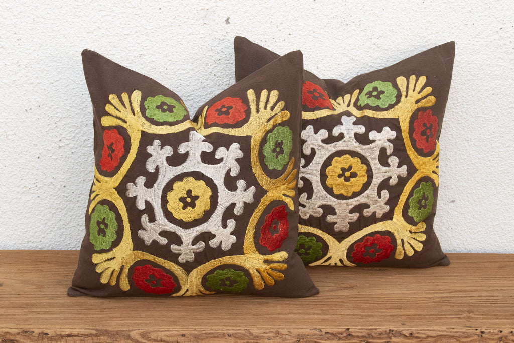 Radiating Floral Suzani Pillow Covers, Pair