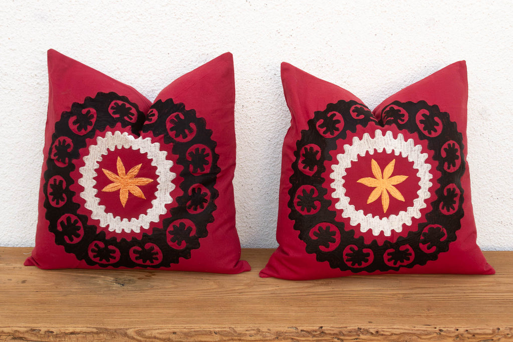 Black Scalloped Suzani Pillow Covers, Pair