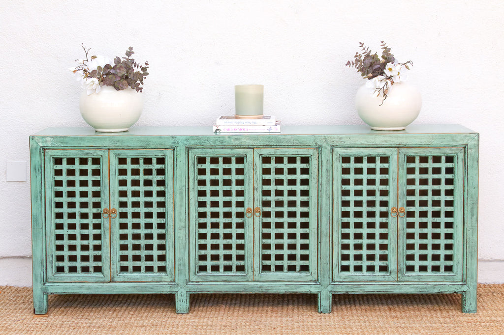 Long Oriental Jade Lattice Sideboard Cabinet