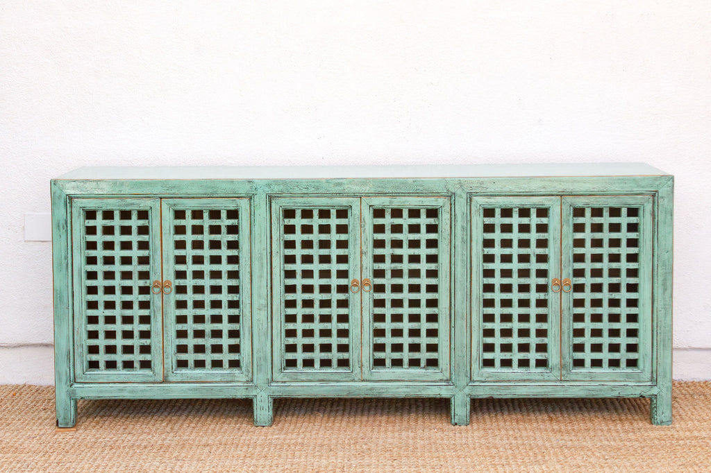 Long Oriental Jade Lattice Sideboard Cabinet