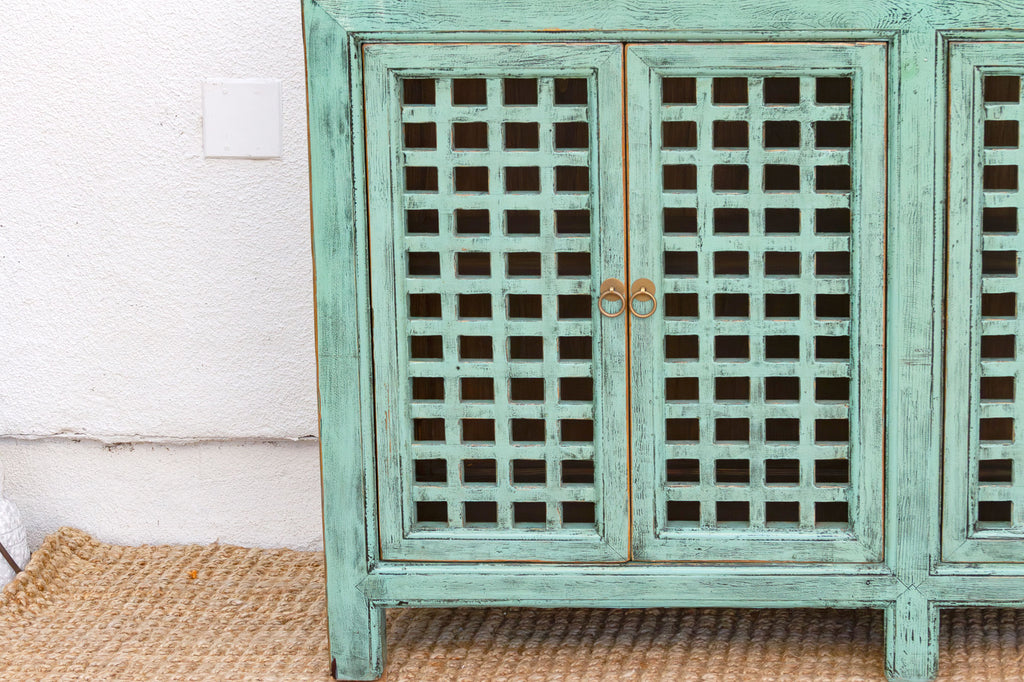 Long Oriental Jade Lattice Sideboard Cabinet