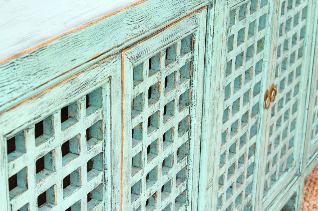 Long Oriental Jade Lattice Sideboard Cabinet