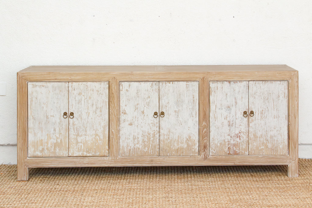 Long Rustic Chic Bleached and Whitewashed Asian Sideboard