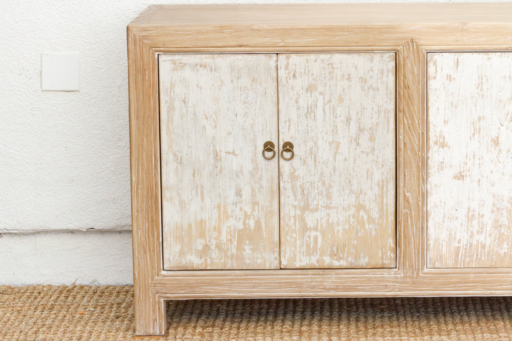 Long Rustic Chic Bleached and Whitewashed Asian Sideboard