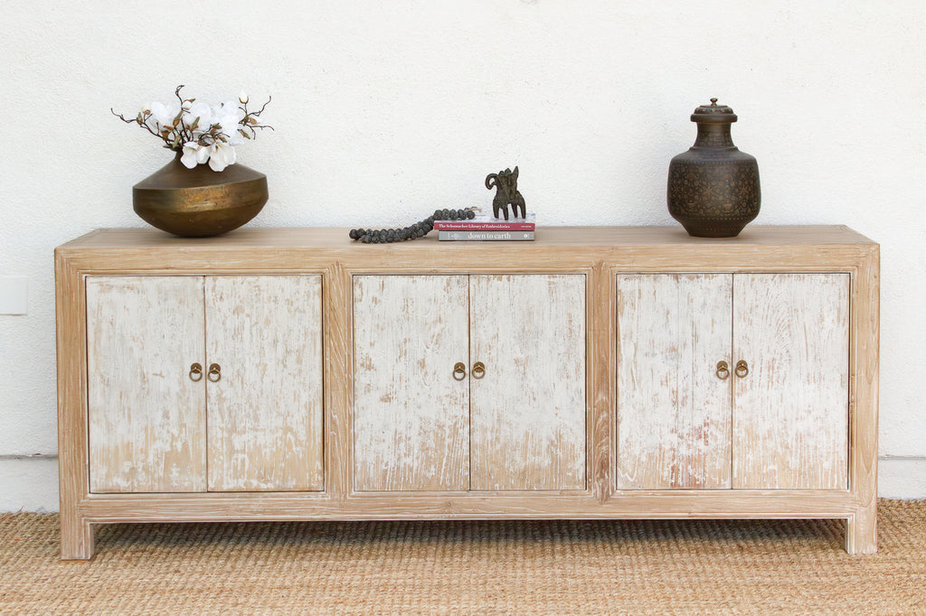 Long Rustic Chic Bleached and Whitewashed Asian Sideboard