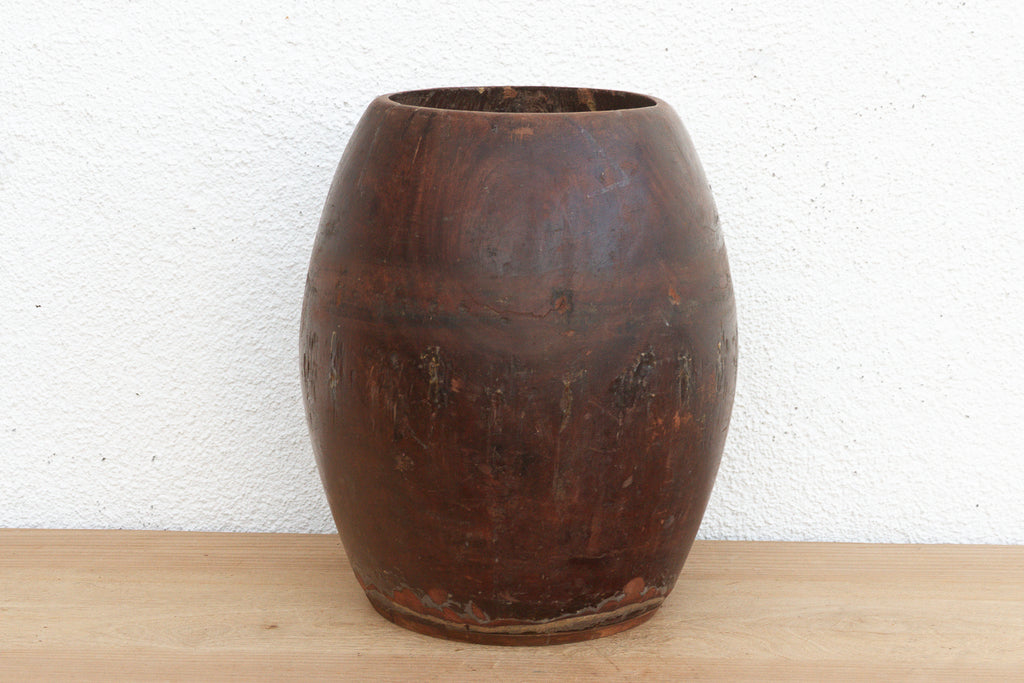 Antique Patinated Espresso Brown Barrel Pot (Trade)