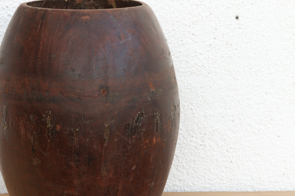 Antique Patinated Espresso Brown Barrel Pot (Trade)