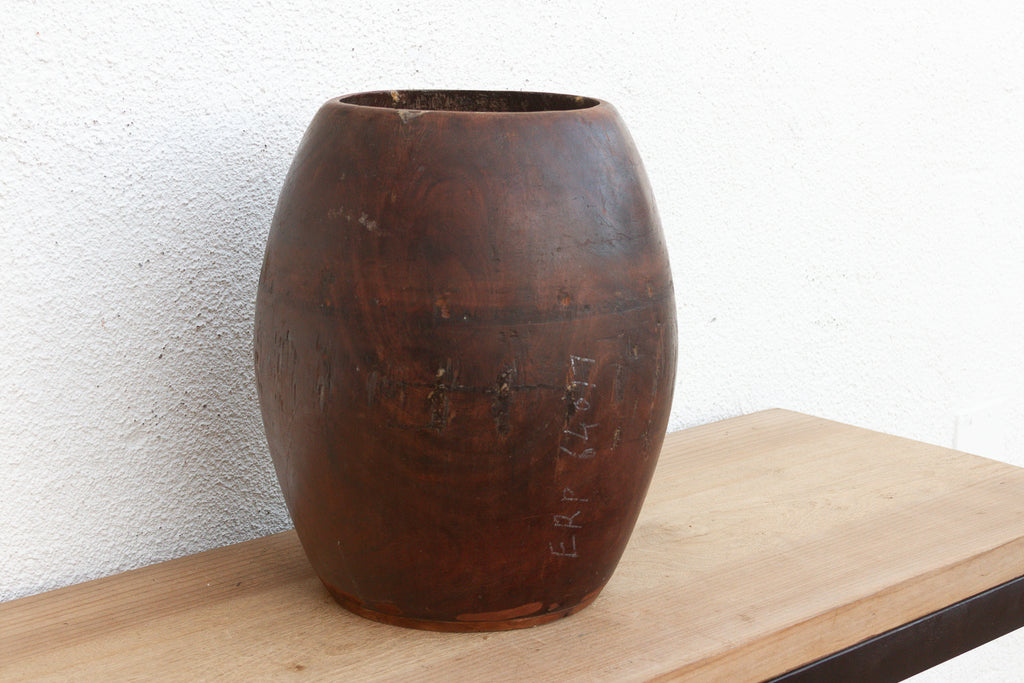 Antique Patinated Espresso Brown Barrel Pot (Trade)