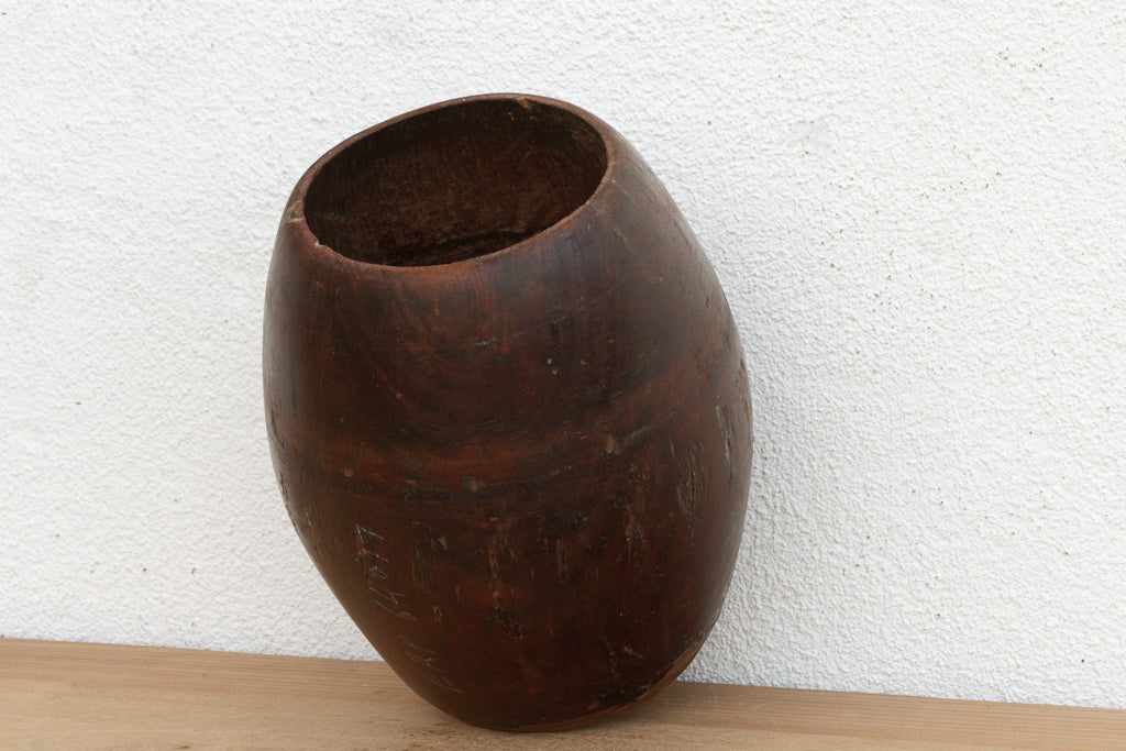 Antique Patinated Espresso Brown Barrel Pot (Trade)
