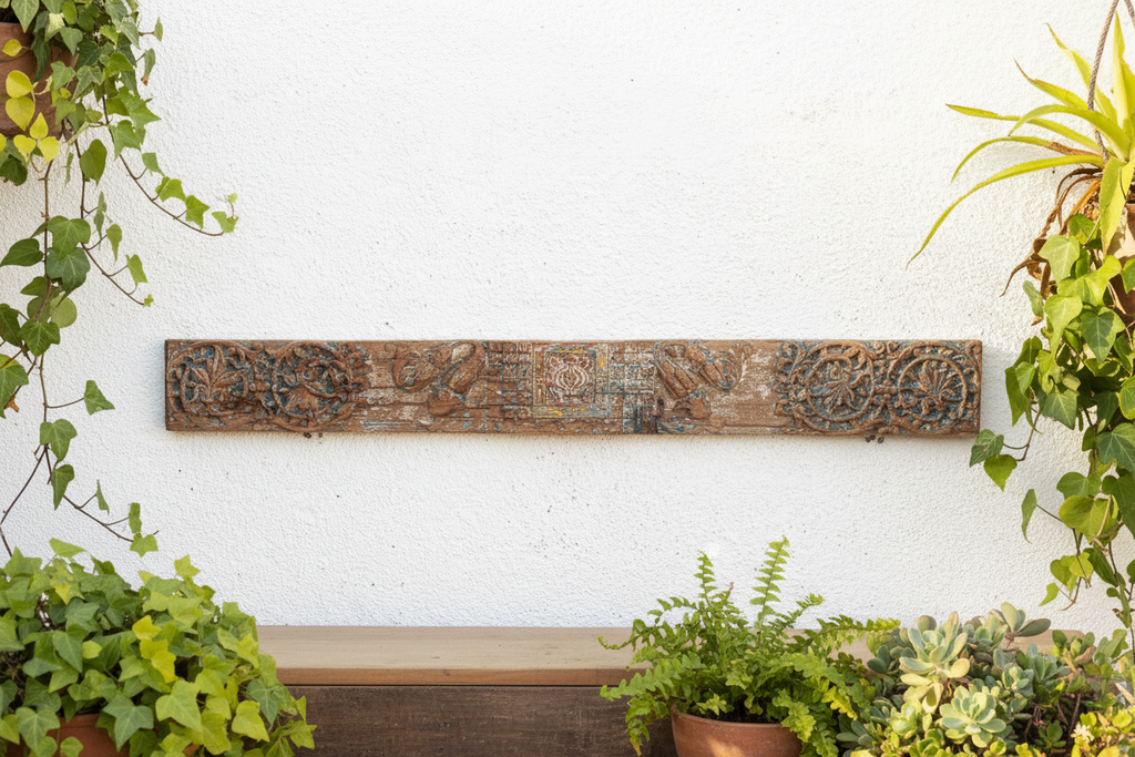 Rare Blue Polychrome Carved Indian Lintel