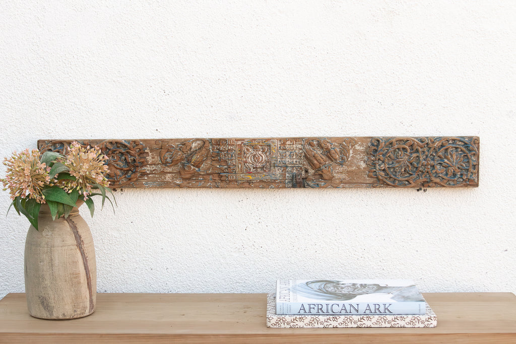 Rare Blue Polychrome Carved Indian Lintel