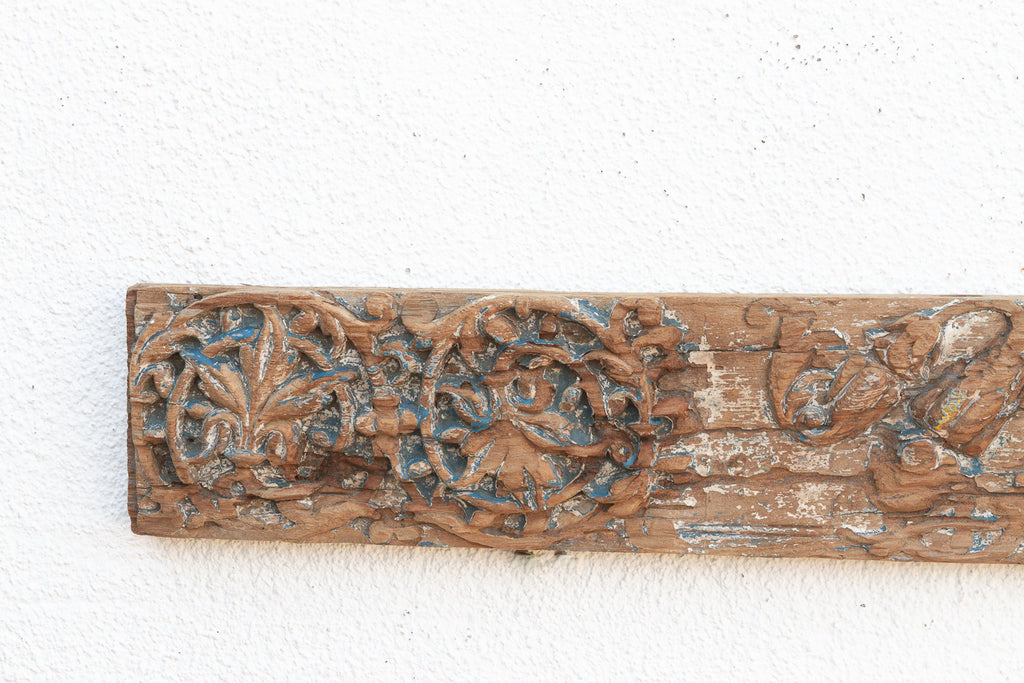 Rare Blue Polychrome Carved Indian Lintel