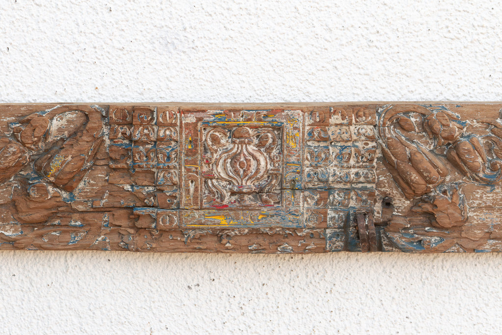 Rare Blue Polychrome Carved Indian Lintel